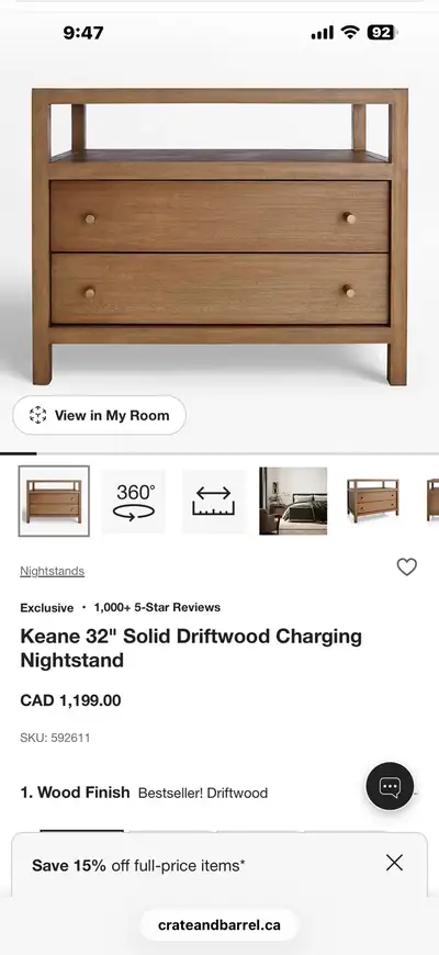 2- Keane 32" Solid Driftwood Charging Nightstand, View more