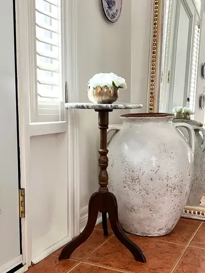 Vintage Marble Top Wood Pedestal Side Table, View more