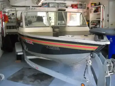 Très bon état, tout l'équipement de sécurité, sonar, moteur électrique, Mercury 50 HP. vivier, trail...