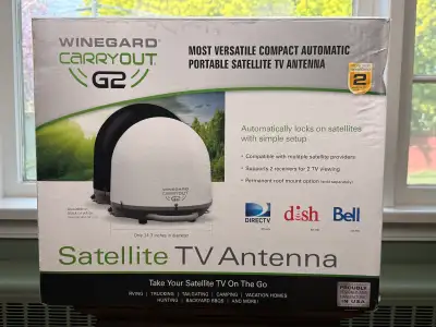 Portable automatic satellite TV antenna for RV/camping use. Compatible with Dish, Bell, and DirecTV...