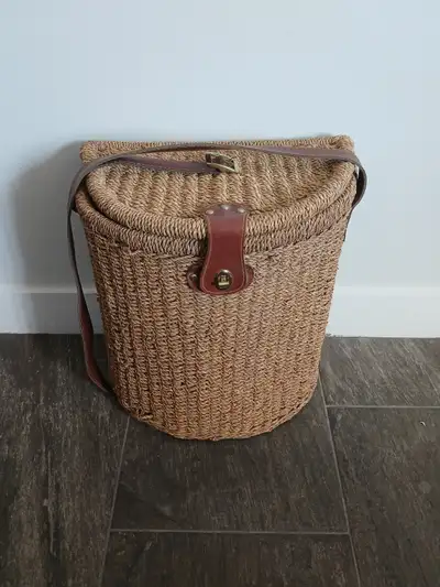 Vintage Wicker Picnic Basket/Hamper/Creel with leather strap, View more