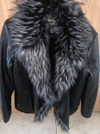  Soft, black coat, fake fur fall collar