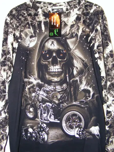for sale new out of my collection biker shirt picture on front and back glow in the dark silver stud...