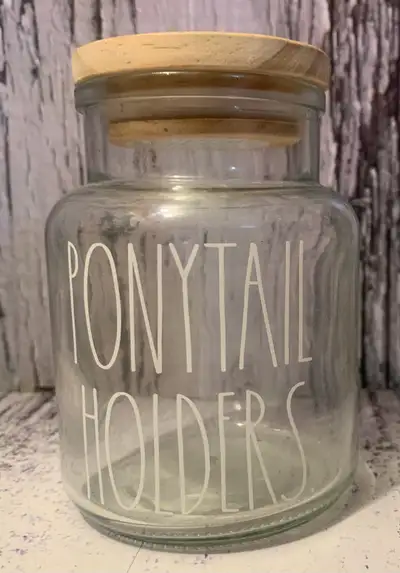 Rae Dunn Clear Glass PONYTAIL HOLDERS Jar, View more