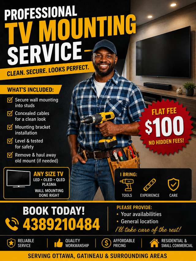 TV Wall Mount Installation – Flat $100 – Ottawa & Gatineau