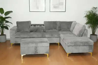 Grey Fabric Corduroy Sectional Sofa with Cups & Storage Ottoman , View more