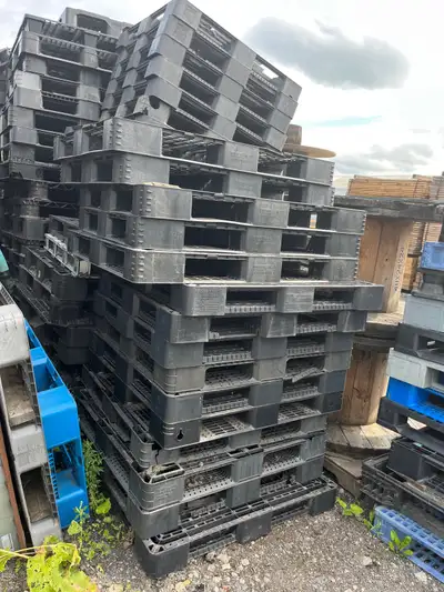 Palette de plastique noire. 43" x 43". Palette brisée: 5$/ch. Palette correcte: 10$/ch. Matériaux et...