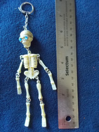 Vintage Hard Plastic 6" Dangly Skeleton Keychain Rhinestone Eyes