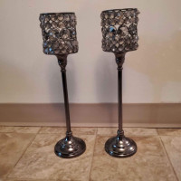 2 STEEL GRAY DINNER CANDLE HOLDERS