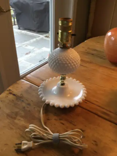 Vintage 1940 white hobnail milk glass table lamp-requires new shade- upper & lower trim plate show s...