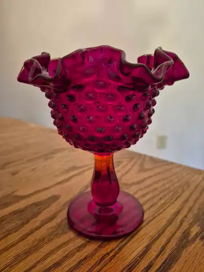 Vintage FENTON Ruby Red Hobnail Ruffled Compote Dish, View more