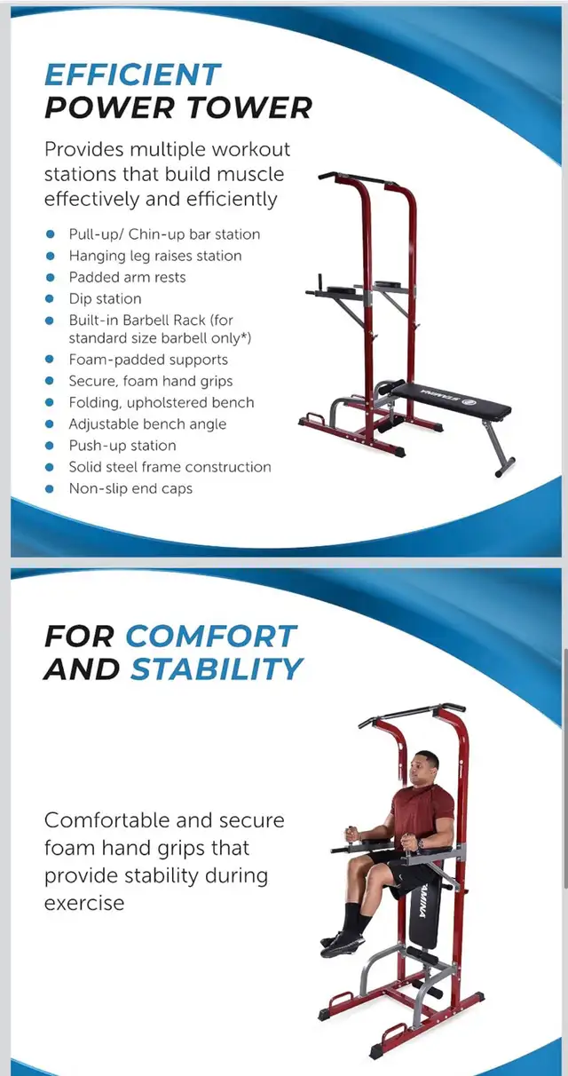 Power Tower with Foldable Padded Bench, Push Up Station, and Bar in Exercise Equipment in Ottawa - Image 6