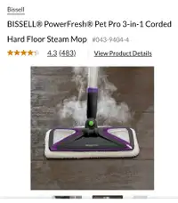 Bissell Powerfresh Pets Pro 3-in-1 Corded Steam Mop