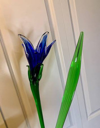 Hand Blown Art Glass 21” Long Stem Blue Flower