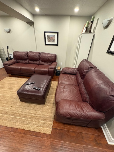 Leather sofa, love seat and ottoman, View more