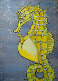 "Proud Papa" seahorse mini painting, acrylic on wood