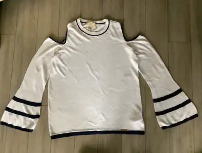 White/ Black Trim Sweater Size. M Cut out Shoulders Bell cuffs Excellent Condition