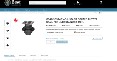 OS&B SDS44 2 ADJUSTABLE SQUARE SHOWER DRAIN, View more
