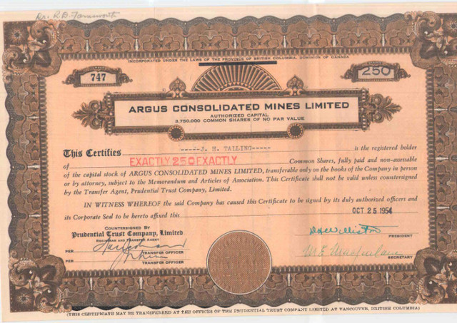 Scripophily - Argus Consolidated Mines Ltd - Share Certificates in Arts & Collectibles in Kamloops - Image 3