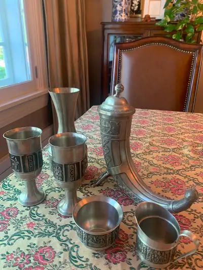 Beautiful vintage authentic Norsk Norwegian pewter set, with each piece marked. Includes a large lid...