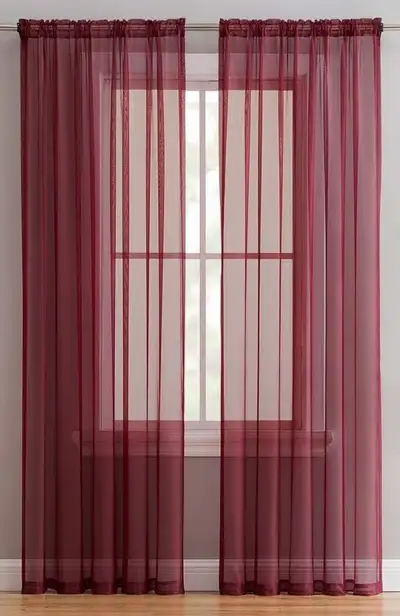 NEW Pair 55 x 108 Sheer Burgundy Rod Pocket Curtain Panels, View more