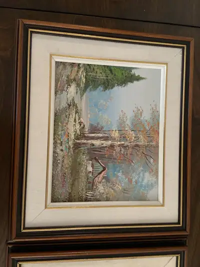 Set of 2 Nature inspired oil paintings in custom wood frames Approximately 15” w x 13”L