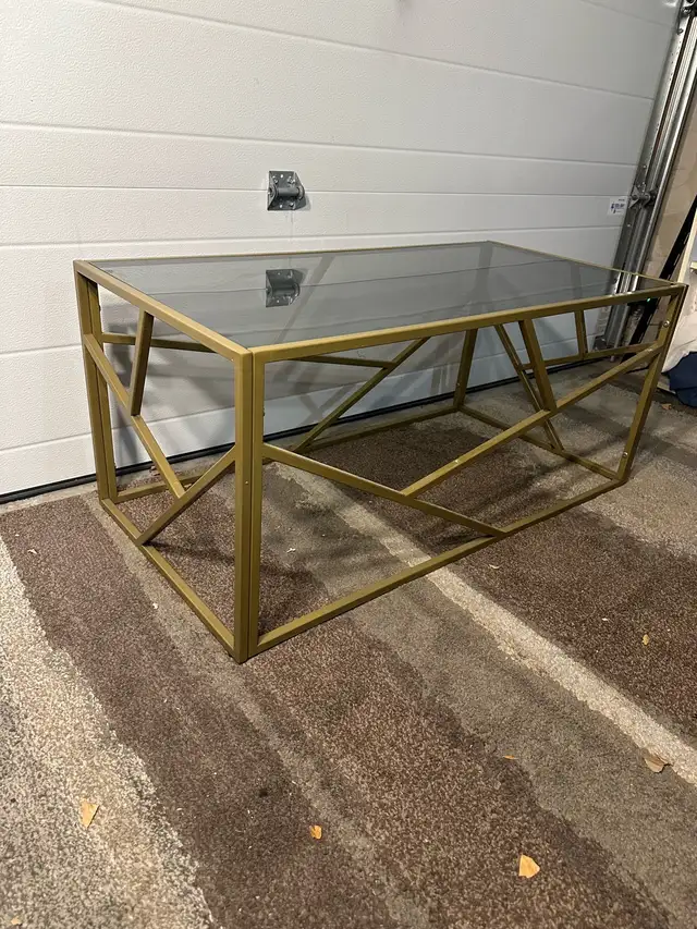 Geometric Gold Metal Coffee Table with Smoked Glass Top