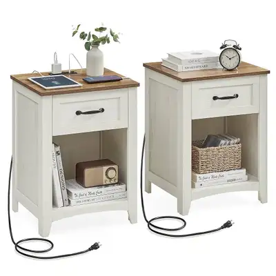 Farmhouse Nightstands with Charging Station, Set of 2 Bedside Ta, View more