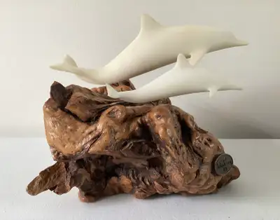 Vintage JOHN PERRY Sculpture of 2 Dolphins on a Burl Wood Base, View more