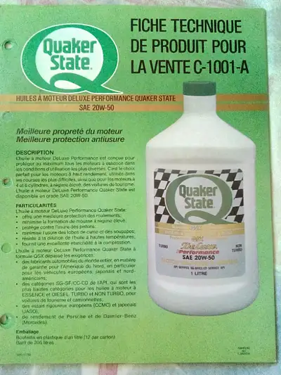 QUAKER STATE - huiles à moteur, fiches techniques de tous les produits de l'année 1989... Ces fiches...