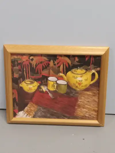 PICTURE OF COFFE POT, CUPS SUGAR BOWL ON TABLE IN BROWN FRAME, View more