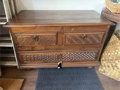 Teak Dresser fully carved 3 drawerMeasures: 40”w x 20”d x 25”h, View more
