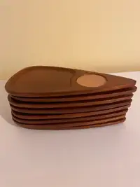 Vintage MCM Teak Hand-Carved Snack Trays w/ Cork Coasters