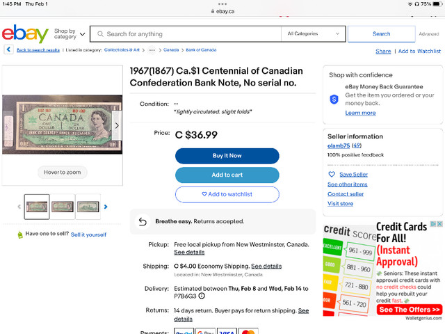 1967 Canadian Centennial $1 Bills- 4- No Serial Numbers in Arts & Collectibles in Thunder Bay - Image 3