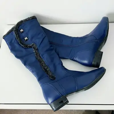 LuvShoes - (Size 9.5) Blue Black Studded Fur Women's Boots Shoes, View more