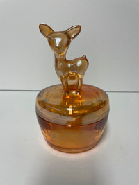Vintage Marigold Jeannette Glass Powder Dish with Deer on Lid