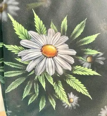 Black leggings with a daisy and leaf print. 82% polyester and 18% spandex. Machine wash cold. Tumble...