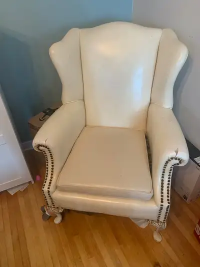 Antique arm chair white leatherette solid wood construction, View more