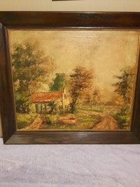 Antique signed oil on canvas cottage scene