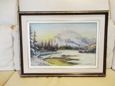 This Vintage Original Oil on Canvas Framed Mathew F. Kousal Painting depicting a Mountain Lake Scene...