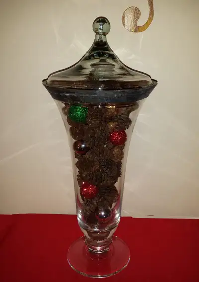 Glass Trumpet Vase with colored balls and mini Pinecones, View more