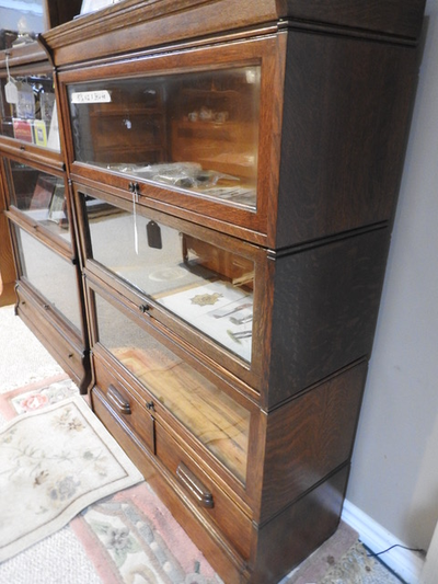 Unique 3 glass level antique barrister bookcase with 2 drawers, View more