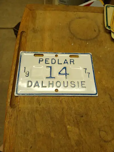 This is a vintage 1977 Dalhousie, Halifax, Nova Scotia Pedlar #14 license plate. A Pedler license wa...