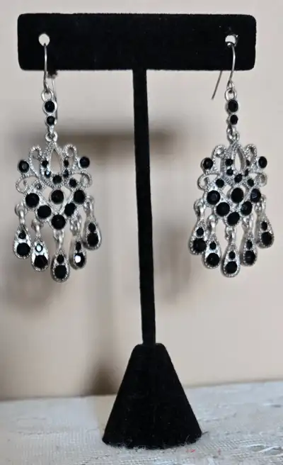 ANTIQUE ONYX CHANDELIER FRENCH HOOK PIERCED EARRINGS, View more