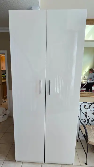 2 large Ikea Pax wardrobes with Fardal glossy white front doors 6 drawers, jewelry tray drawer, and...