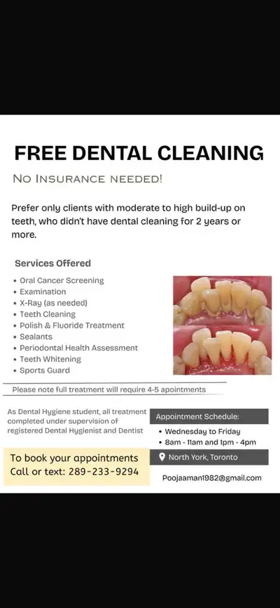 Hi I am reaching out for a great opportunity for Free teeth cleaning plus cash incentive of up to $2...