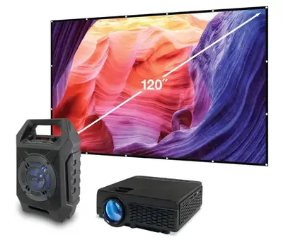 Projector, screen, and Bluetooth speaker with microphone similar to one in picture Asking $200.00 Us...