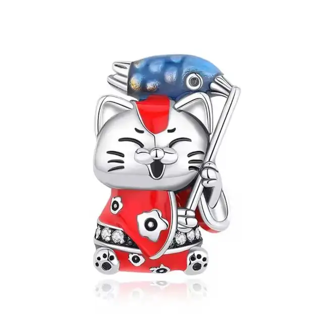 *New* Japanese Lucky Cat with Fish 925 Silver Charm