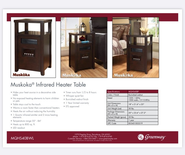 Muskoka Infared Electric Heater End Table Heaters, Humidifiers