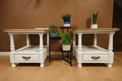 Pair of Modern farmhouse side tables - white body, oak tops, View more
